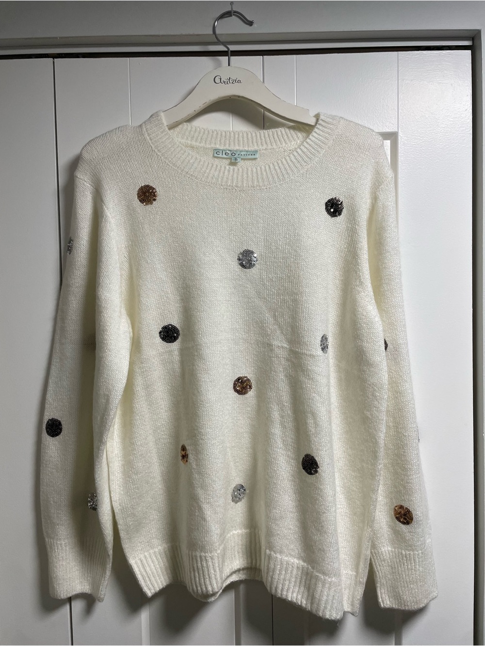 Cleo Sequin Polka Dot Knit Crewneck Sweater White Holiday Christmas Size XL